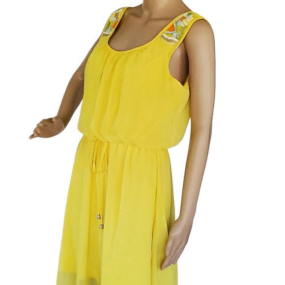 Yellow Beaded Sleeveless Sundress Women's Medium Lined Flared City Triangle - Picture 6 of 11